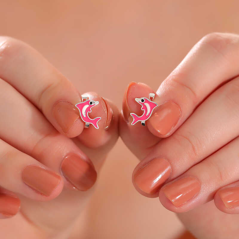 Silver Pink Dolphin Girls Earrings image 1