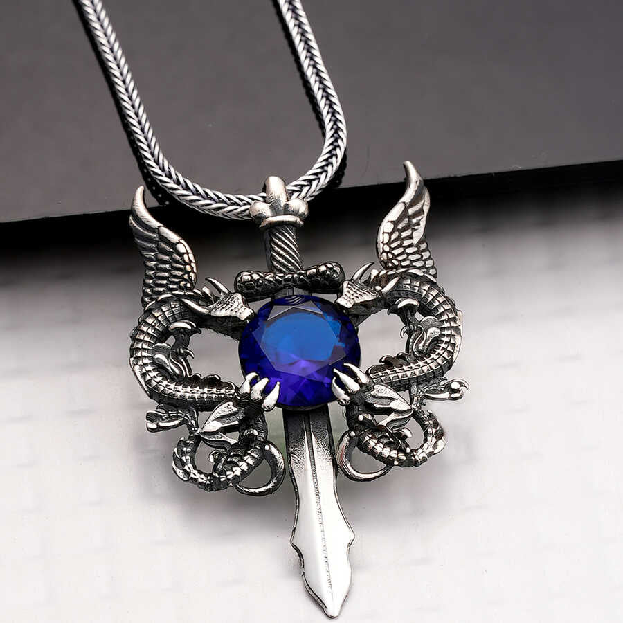Silver Blue Stone Dragon Men's Sword Necklace image 0