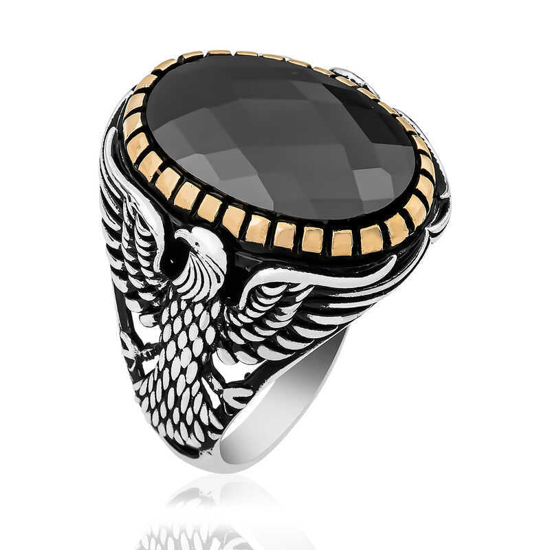 Silver Men's Ring with Cut Stone and Eagle Figure image 1