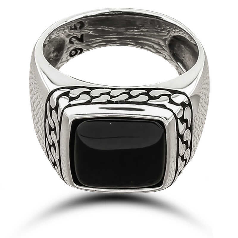 Silver Onyx Stone Patterned Men's Ring image 1