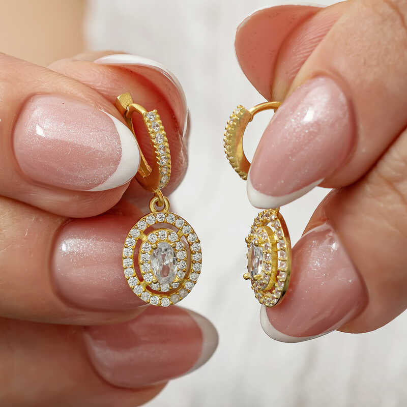 Silver Gold Oval Stone Dangling Earrings image 0