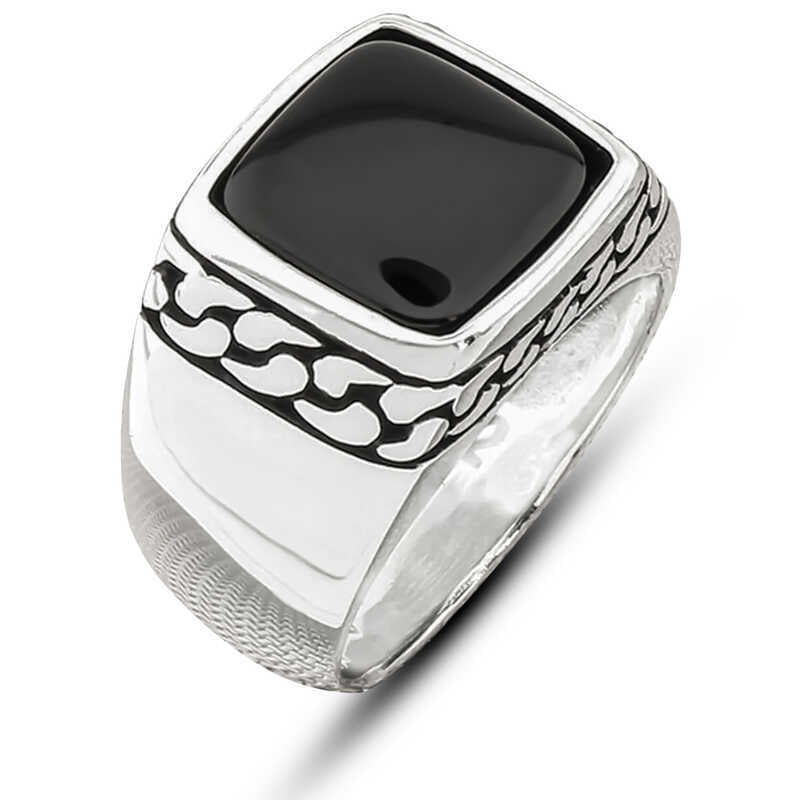 Silver Onyx Stone Patterned Men's Ring image 0
