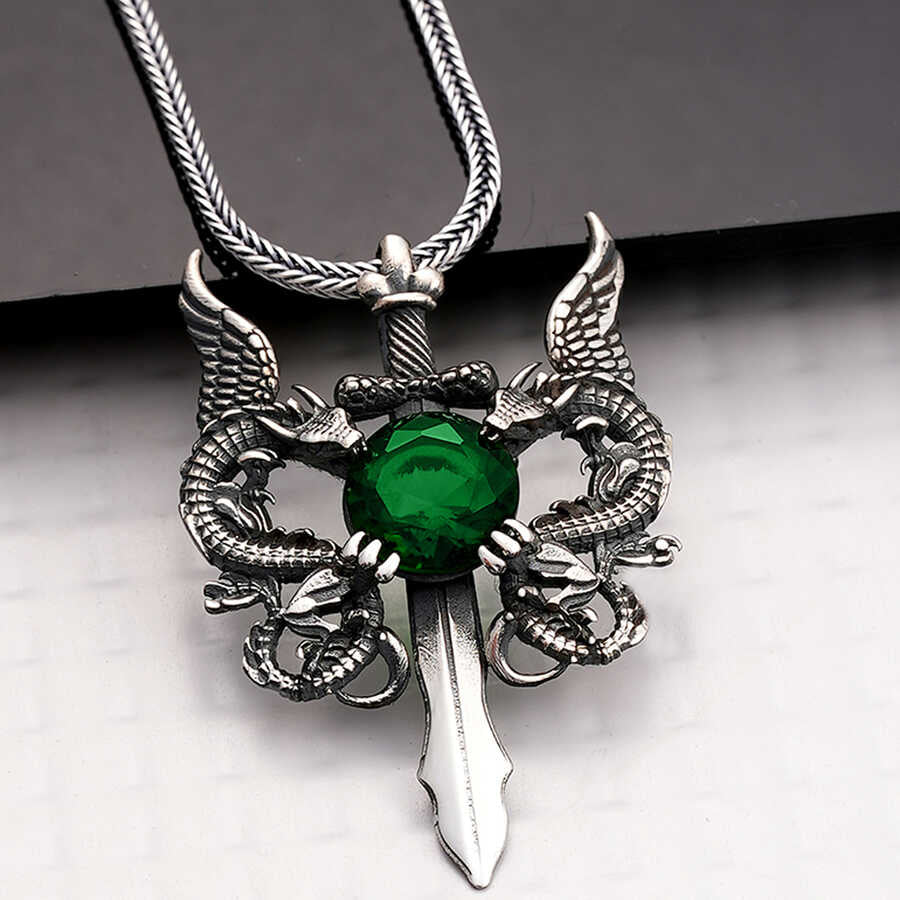 Green Stone Dragon Men's Sword Necklace image 0