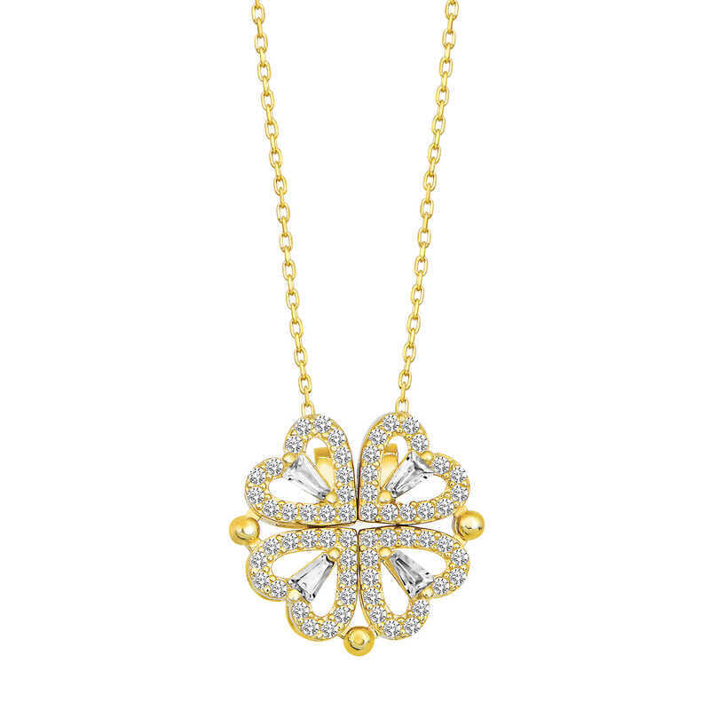 Silver Gold White Stone with Heart Opened Clover Necklace image 0