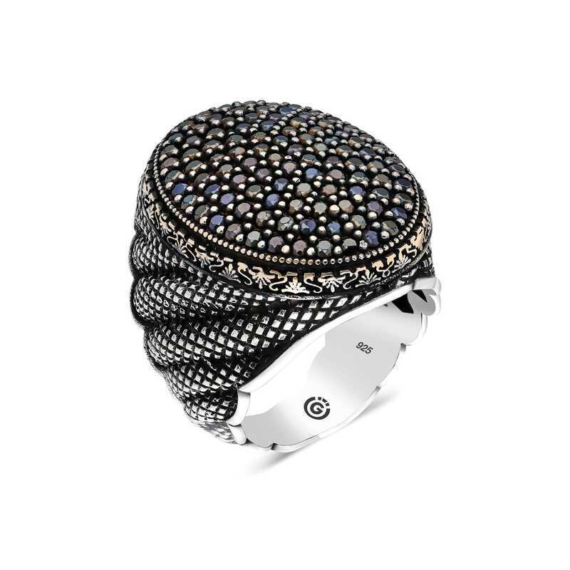 Silver Oval Men's Ring with Black Zircon Stone image 0