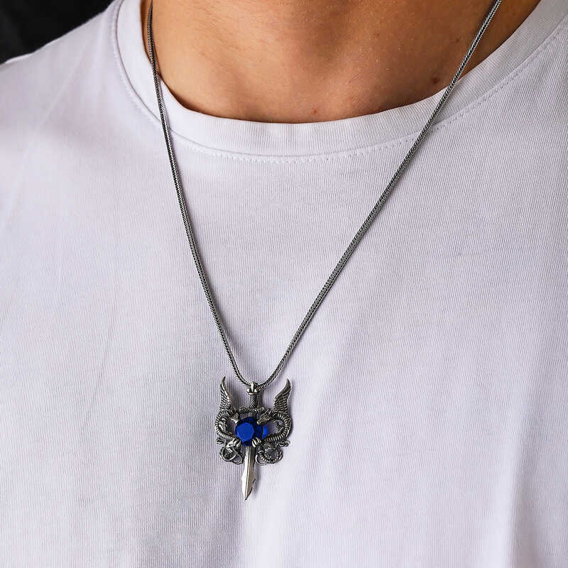 Silver Blue Stone Dragon Men's Sword Necklace image 1