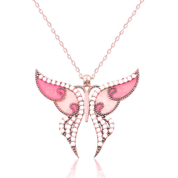 Silver Rose Pink Butterfly Women`s Necklace image 0