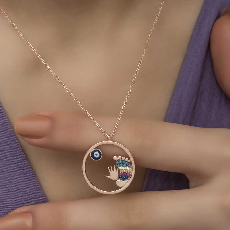 Silver Rose Evil Eye Hand and Footprint Women's Necklace image 1