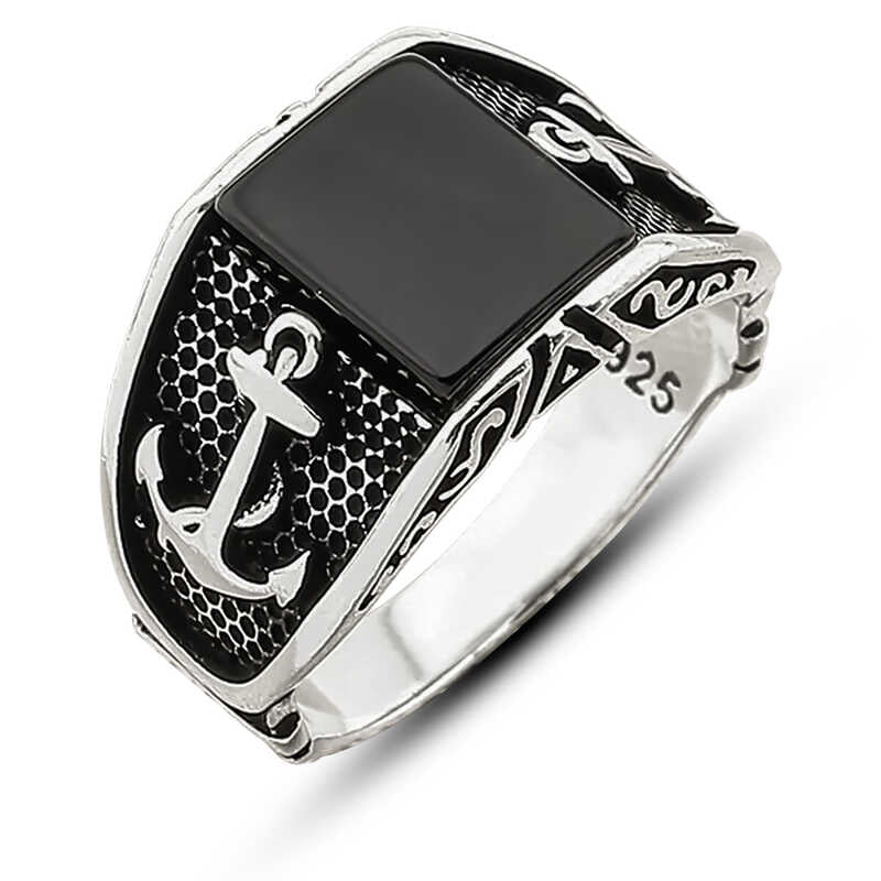 Silver Onyx Stone Anchor Men's Ring image 0