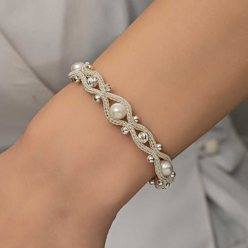Silver Pearl Woven Bracelet image 1