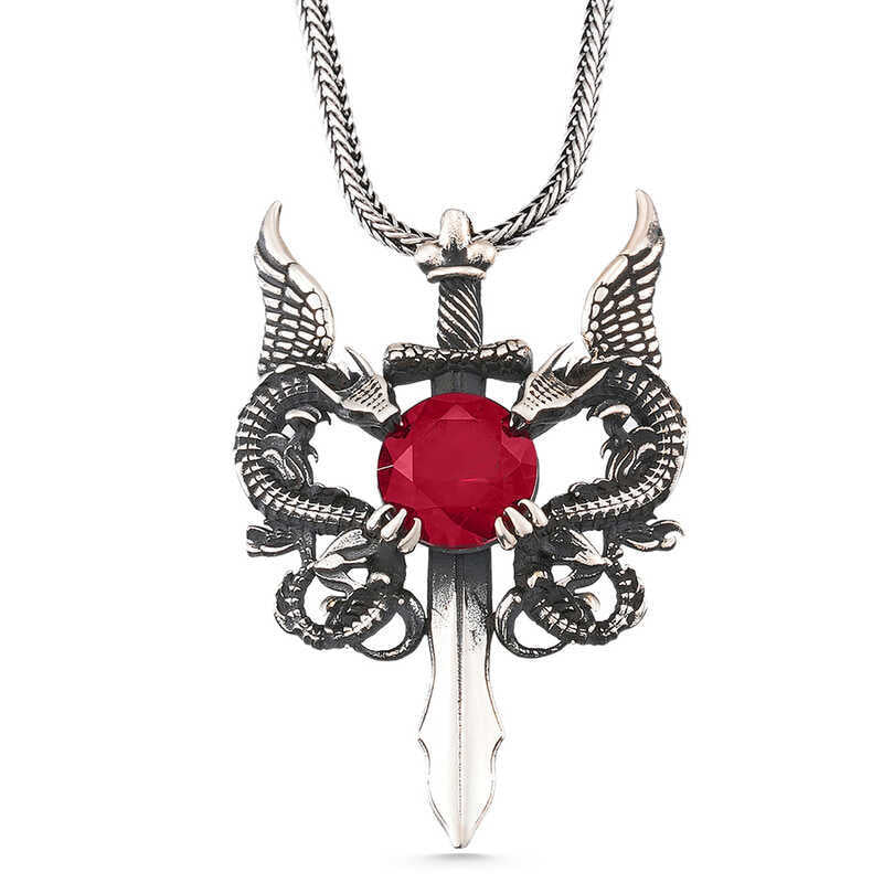 Red Stone Dragon Men's Sword Necklace image 0