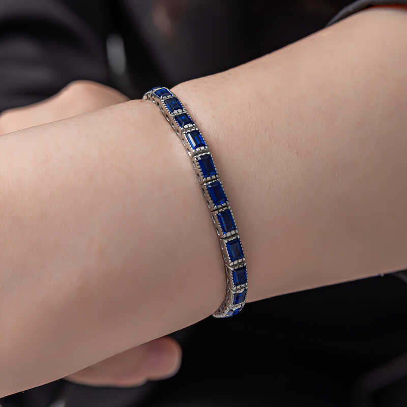 Silver Blue Stone Tennis Bracelet – Rhodium Plated image 1