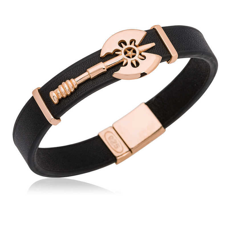 Men’s Double-Sided Axe Pendant Leather Bracelet – Rose Gold Plated Silver image 0