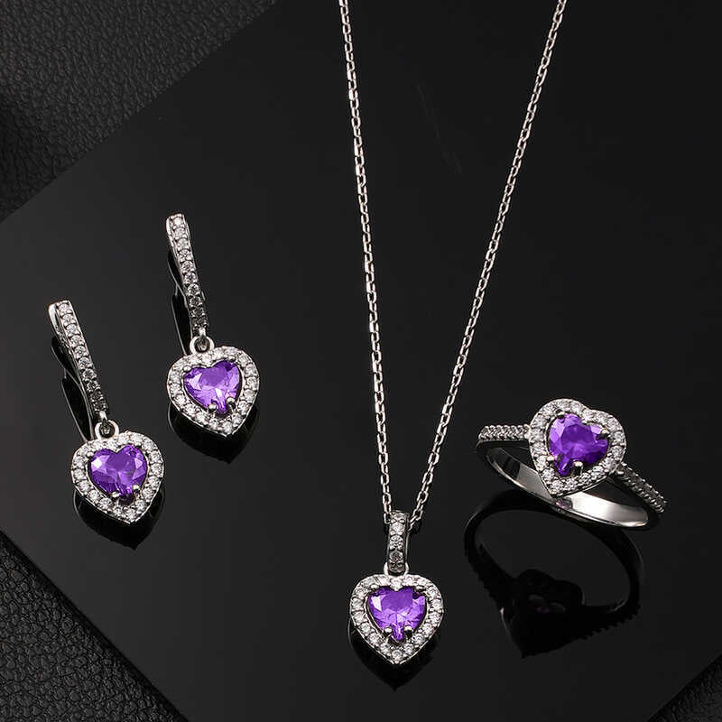 Silver Purple Stone Heart Women's Set image 0