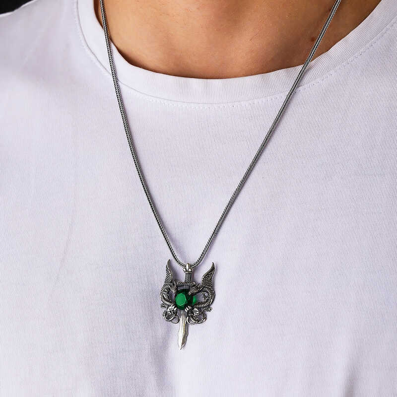 Green Stone Dragon Men's Sword Necklace image 1