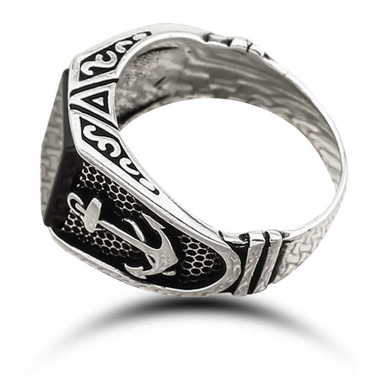 Silver Onyx Stone Anchor Men's Ring image 1