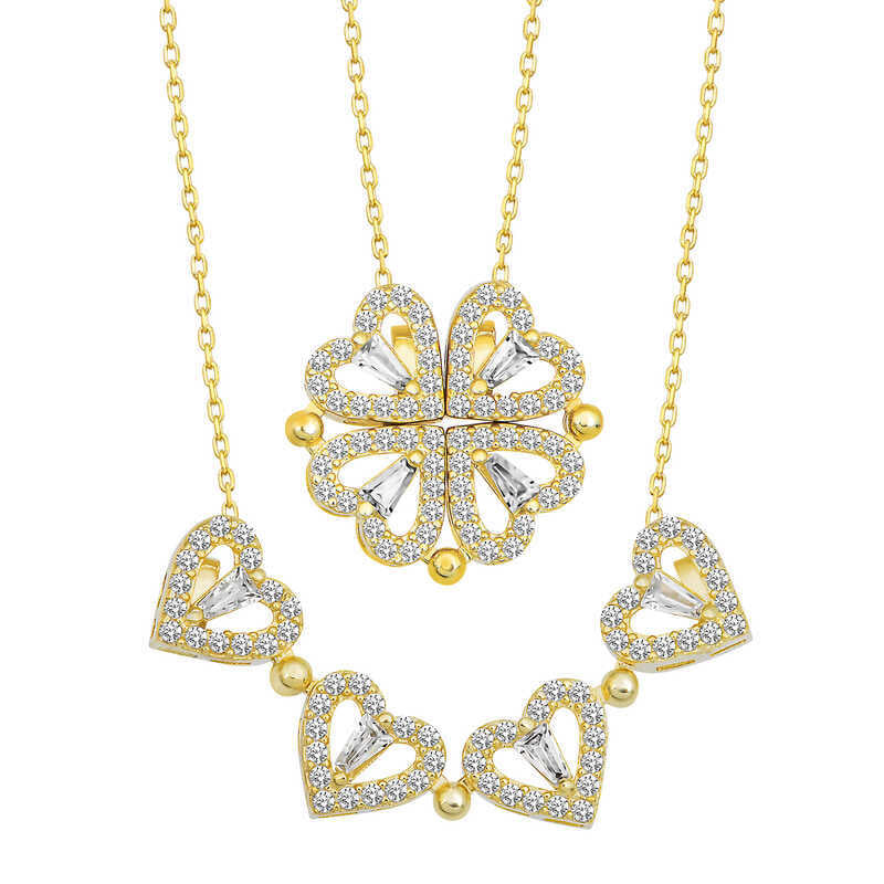 Silver Gold White Stone with Heart Opened Clover Necklace image 2