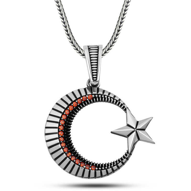 Silver Zircon Stone Moon Star Men's Necklace image 0