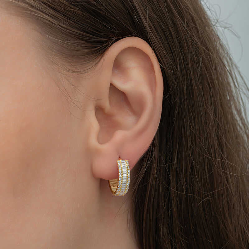 Silver Gold Baguette Row Stone Hoop Earrings image 1