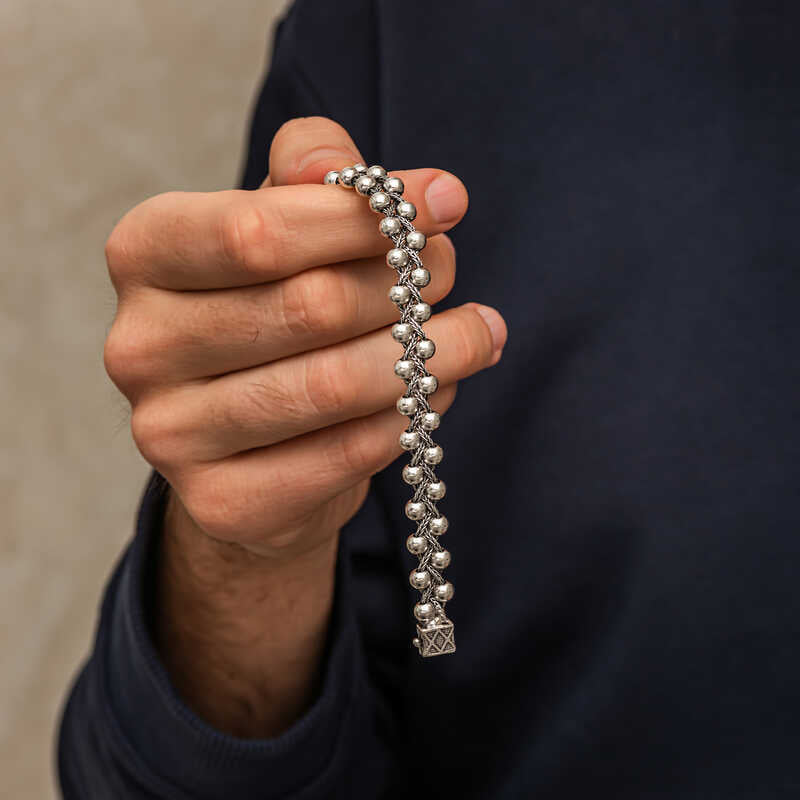 Men’s Beaded Silver Bracelet with Oxidized Finish image 1