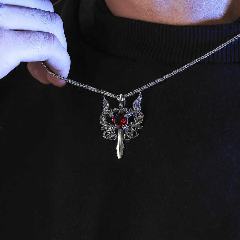 Red Stone Dragon Men's Sword Necklace image 1
