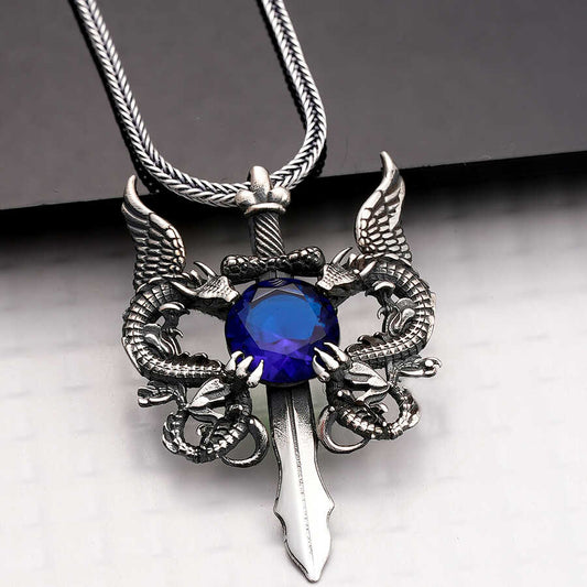 Silver Blue Stone Dragon Men's Sword Necklace image 0