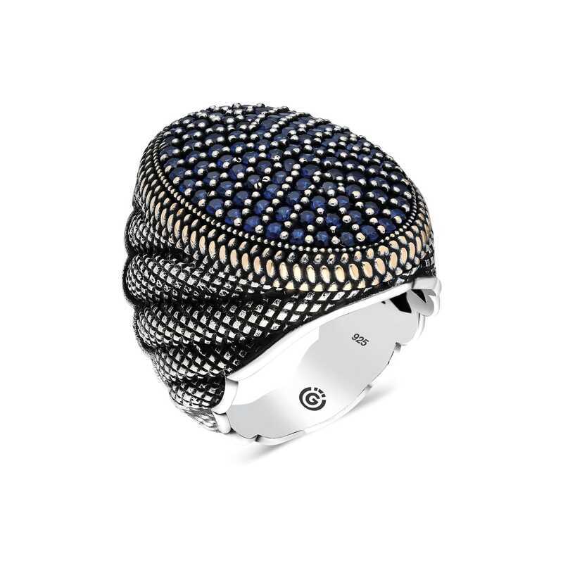 Silver Oval Men's Ring with Navy Blue Zircon Stone image 0