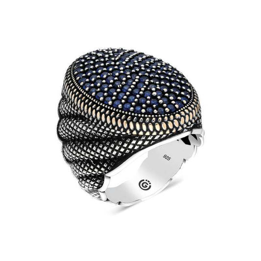 Silver Oval Men's Ring with Navy Blue Zircon Stone image 0