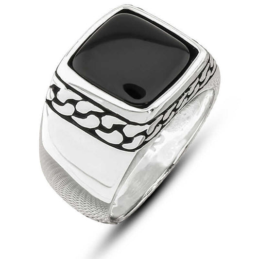 Silver Onyx Stone Patterned Men's Ring image 0