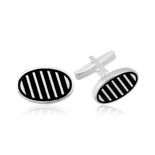 Silver Cross-Hatched Oval Cufflinks image 0