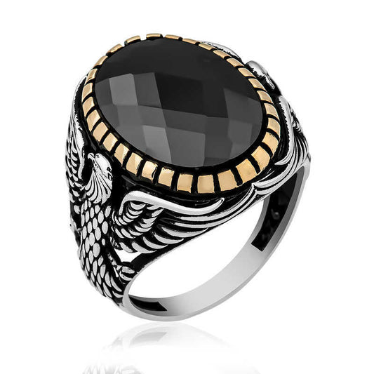 Silver Men's Ring with Cut Stone and Eagle Figure image 0