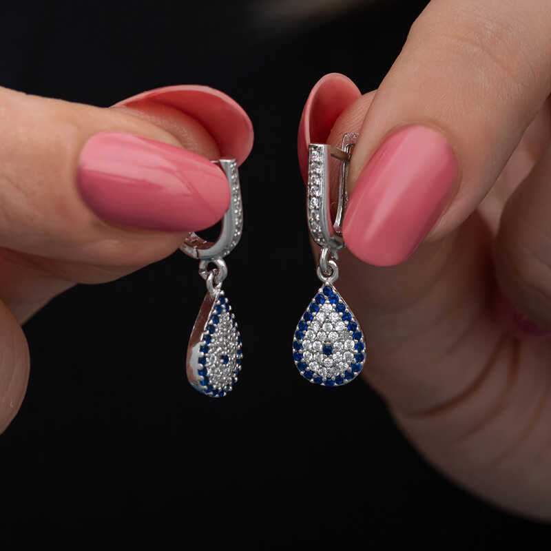 Silver Dangle Drop Evil Eye Women's Earrings image 0