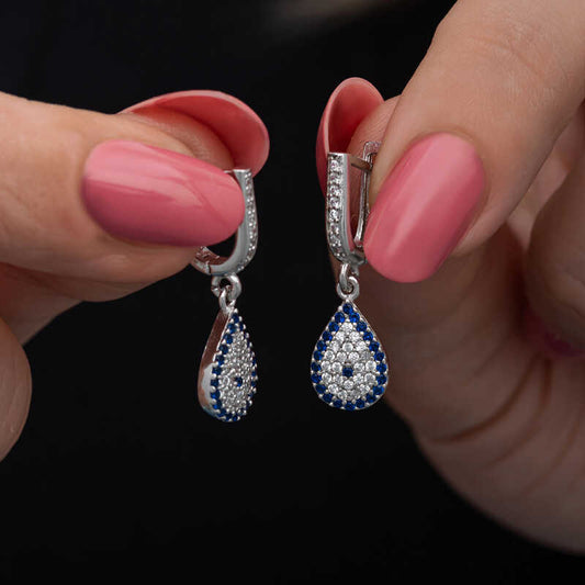 Silver Dangle Drop Evil Eye Women's Earrings image 0