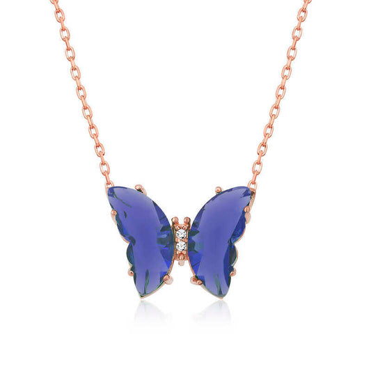 Silver Rose Blue Glass Butterfly Necklace image 0
