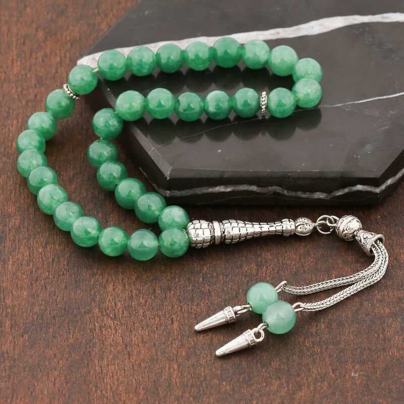 Green Jade Stone Tesbih with Metal Tassel image 1