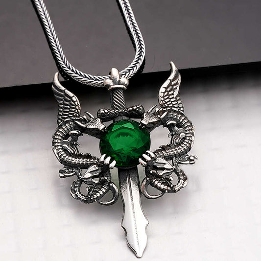 Green Stone Dragon Men's Sword Necklace image 0