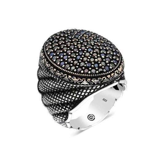 Silver Oval Men's Ring with Black Zircon Stone image 0
