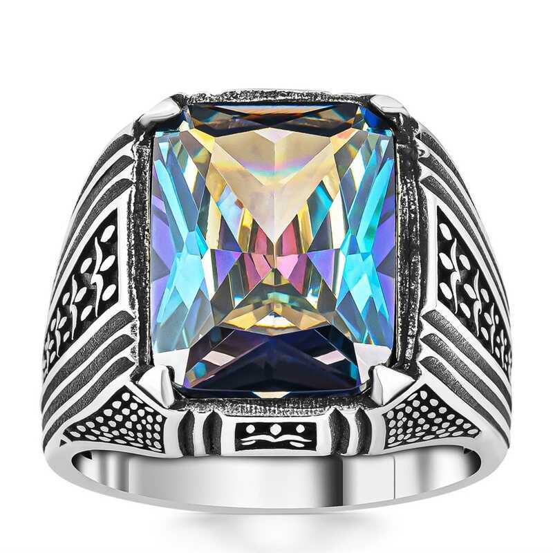 Silver Men's Ring with Mystic Topaz -Square Design image 1