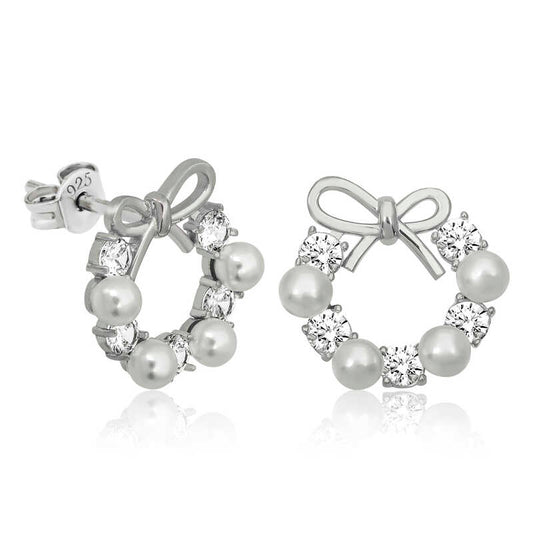 925 Silver Pearl Ribbon Studded Women's Earrings image 0