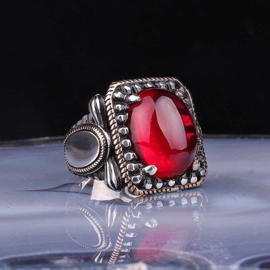 Silver Men's Ring with Red Zircon Stone image 0