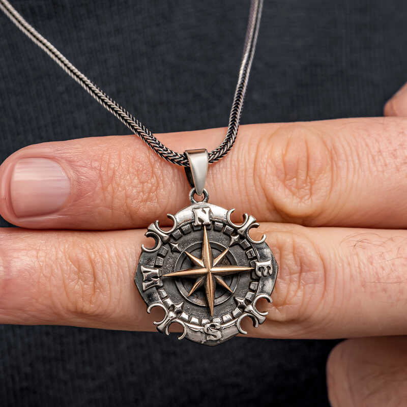 Silver Oxidized Compass Men's Necklace image 0