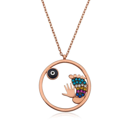 Silver Rose Evil Eye Hand and Footprint Women's Necklace image 0
