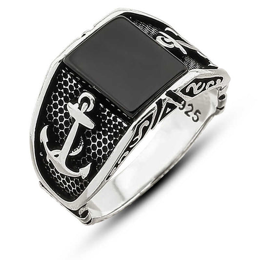 Silver Onyx Stone Anchor Men's Ring image 0