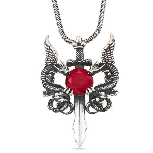 Red Stone Dragon Men's Sword Necklace image 0