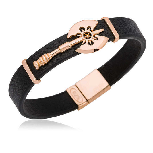 Men’s Double-Sided Axe Pendant Leather Bracelet – Rose Gold Plated Silver image 0