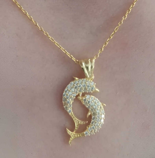 Silver Gold Double Dolphin Women`s Necklace image 0
