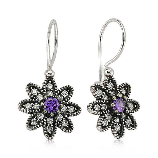 925 Sterling Silver Purple Stone Flower Earrings image 0