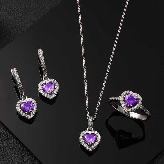 Silver Purple Stone Heart Women's Set image 0