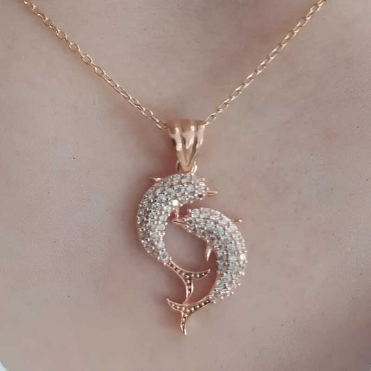 Silver Rose Double Dolphin Women`s Necklace image 0