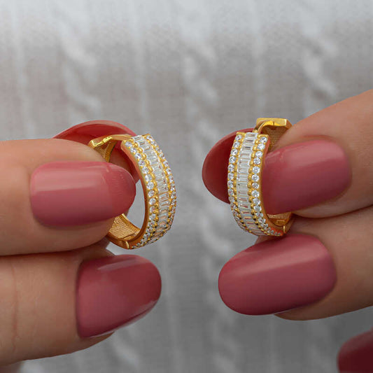 Silver Gold Baguette Row Stone Hoop Earrings image 0